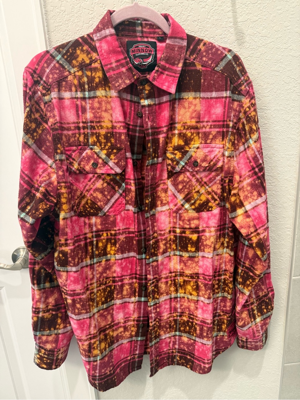 Button-Down Plaid Shirt with Graphic Back - Pink - Picture 2 of 4